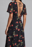Robe de mariage midi en chiffon à cheval noir rouge à col en V avec manches courtes