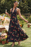 Robe longue d’invité à col nu en mousseline mousseline noire à motifs de fleurs rouges