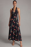 Robe longue d’invité à col nu en mousseline mousseline noire à motifs de fleurs rouges
