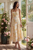 Lace jaune à col liu à fourreau Midi Floral avec nœud