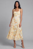 Lace jaune à col liu à fourreau Midi Floral avec nœud
