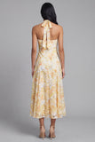 Lace jaune à col liu à fourreau Midi Floral avec nœud
