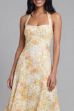 Lace jaune à col liu à fourreau Midi Floral avec nœud