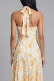 Lace jaune à col liu à fourreau Midi Floral avec nœud