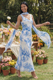 Robe longue en mousseline en mousseline blanche bleue à col en V et écharpe à col