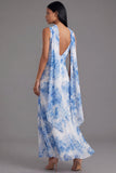 Robe longue en mousseline en mousseline blanche bleue à col en V et écharpe à col