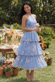 Robe fleurie en trajet rose chiffon bleu chiffon à col nu en A avec nœud