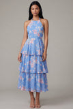 Robe fleurie en trajet rose chiffon bleu chiffon à col nu en A avec nœud