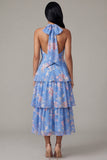 Robe fleurie en trajet rose chiffon bleu chiffon à col nu en A avec nœud