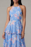 Robe fleurie en trajet rose chiffon bleu chiffon à col nu en A avec nœud