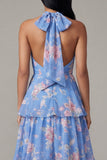 Robe fleurie en trajet rose chiffon bleu chiffon à col nu en A avec nœud