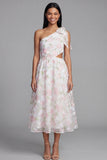 Robe fleurie blanche rose découpée en mousseline en A à une épaule avec un nœud