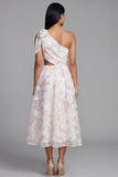 Robe fleurie blanche rose découpée en mousseline en A à une épaule avec un nœud