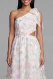 Robe fleurie blanche rose découpée en mousseline en A à une épaule avec un nœud