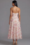 Robe longue fleurie à motifs sans bretelles rose en mousseline avec perles
