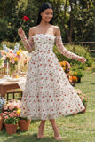 Robe de mariage midi bretelles en ligne A en fleur ivoire avec manches transparentes