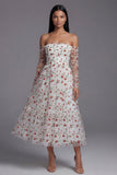 Robe de mariage midi bretelles en ligne A en fleur ivoire avec manches transparentes