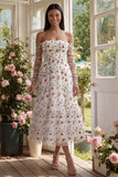 Robe de mariage midi bretelles en ligne A en fleur ivoire avec manches transparentes