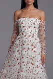 Robe de mariage midi bretelles en ligne A en fleur ivoire avec manches transparentes