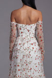 Robe de mariage midi bretelles en ligne A en fleur ivoire avec manches transparentes
