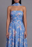 Robe de mariage Midi Midi à motifs de mariage en chiffon bleu à motifs floraux fourreau et écharpe