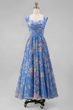 Robe de mariée Midi à écarture à col carré en chiffon bleu à motifs floraux froncés