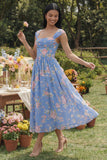Robe de mariée Midi à écarture à col carré en chiffon bleu à motifs floraux froncés
