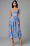 Robe de mariée Midi à écarture à col carré en chiffon bleu à motifs floraux froncés