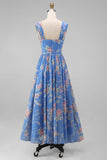 Robe de mariée Midi à écarture à col carré en chiffon bleu à motifs floraux froncés