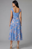 Robe de mariée Midi à écarture à col carré en chiffon bleu à motifs floraux froncés