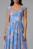 Robe de mariée Midi à écarture à col carré en chiffon bleu à motifs floraux froncés