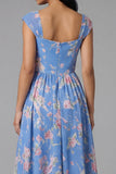 Robe de mariée Midi à écarture à col carré en chiffon bleu à motifs floraux froncés
