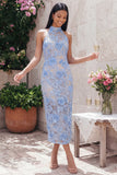 Robe longue d’invité de mariage longue à col cou nu, en dentelle bleue,