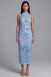 Robe longue d’invité de mariage longue à col cou nu, en dentelle bleue,