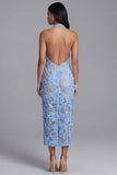 Robe longue d’invité de mariage longue à col cou nu, en dentelle bleue,