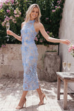 Robe longue d’invité de mariage longue à col cou nu, en dentelle bleue,