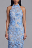 Robe longue d’invité de mariage longue à col cou nu, en dentelle bleue,