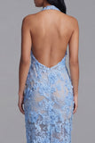 Robe longue d’invité de mariage longue à col cou nu, en dentelle bleue,