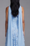 Robe de mariage midi midi fleurie appliquée bleue sans bretelles avec foulard