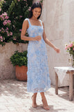 Robe midi bleu à col carré imprimé floral fourreau avec appliques