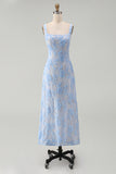 Robe midi bleu à col carré imprimé floral fourreau avec appliques