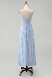 Robe midi bleu à col carré imprimé floral fourreau avec appliques