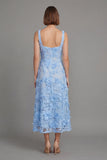 Robe midi bleu à col carré imprimé floral fourreau avec appliques