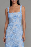 Robe midi bleu à col carré imprimé floral fourreau avec appliques