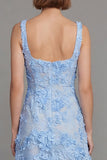 Robe midi bleu à col carré imprimé floral fourreau avec appliques