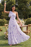 Robe d'invitée de mariage maxi lilas tulle ligne A une épaule imprimé floral avec fente