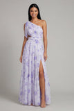 Robe d'invitée de mariage maxi lilas tulle ligne A une épaule imprimé floral avec fente