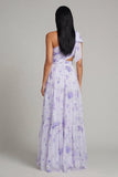 Robe d'invitée de mariage maxi lilas tulle ligne A une épaule imprimé floral avec fente