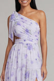 Robe d'invitée de mariage maxi lilas tulle ligne A une épaule imprimé floral avec fente