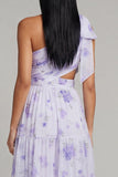 Robe d'invitée de mariage maxi lilas tulle ligne A une épaule imprimé floral avec fente